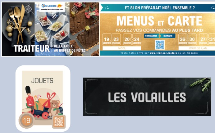 Bâche traiteur, panneau jouets et signalétique volailles pour E.Leclerc